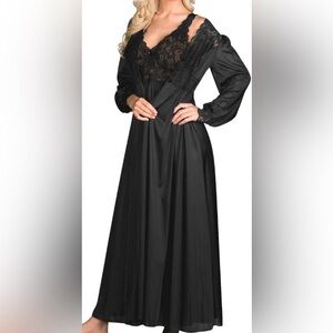 Vintage Shadowline Elegant Black Lace Nightgown & Matching Robe Sexy Lingerie